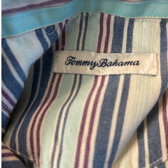 Tommy Bahama Mens XXL Silk Shirt Beige Blue Stripe Button Up Camp Retro - Picture 2 of 8